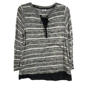 Cato Knit Top Women Size L Lace Up Tassel Silver Metallic Grey Black
